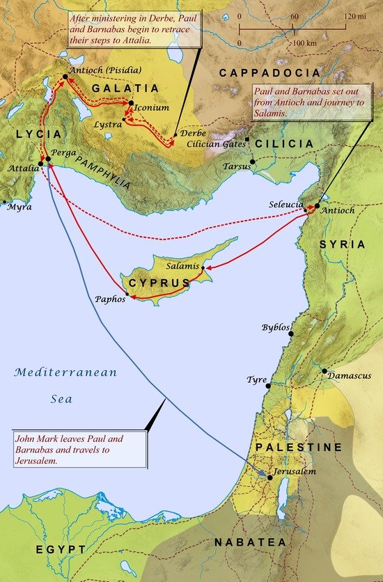 Map showing the location of the seven churches in Revelation and the route that a messenger would have taken to travel to each one